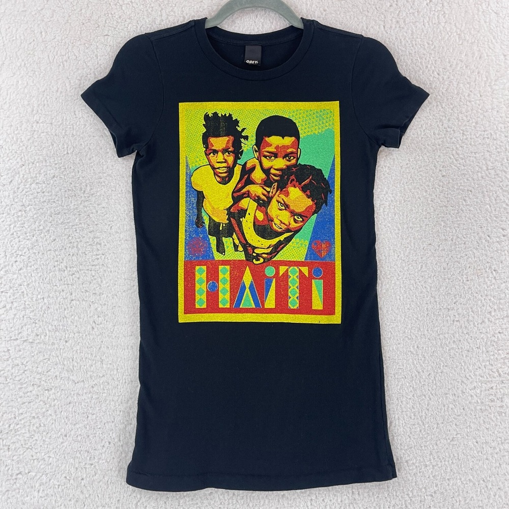 Obey Black Haiti Earthquake Awareness T-Shirt Womens‎ VTG Short Sleeve Size XS